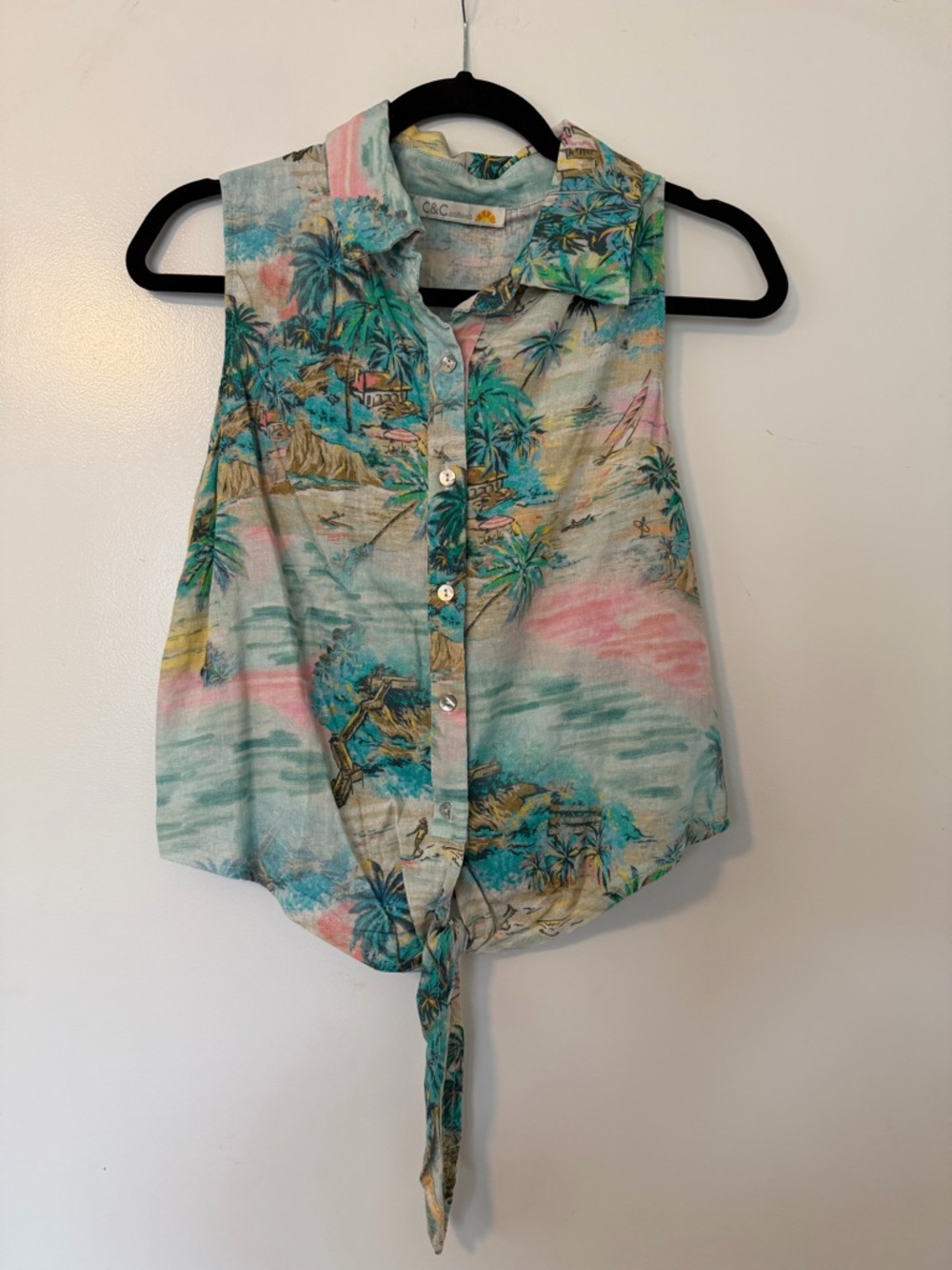 C&C California Pastel Teal Tropical Tie-Front Camisole
